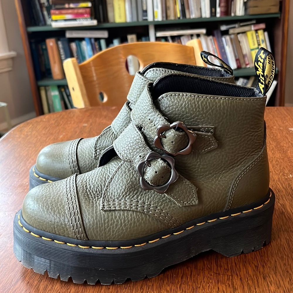 Devon Flower Buckle Leather Platform Doc Martins in Olive